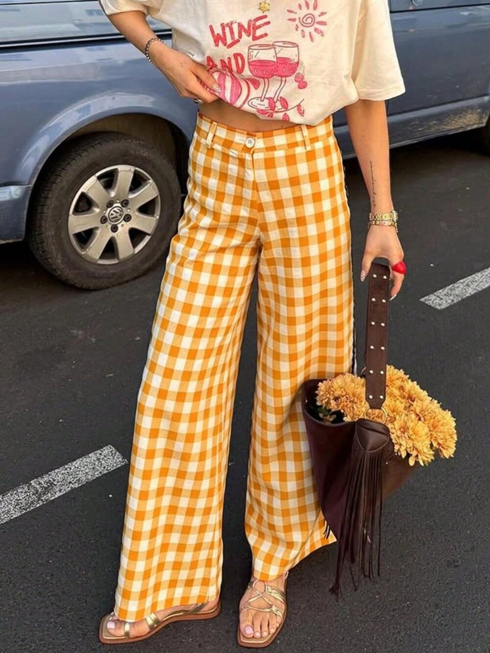 Yellow Casual Women's Plaid Wide-Leg Trousers with Zipper Pockets and Side Slits - Picture 5 of 5